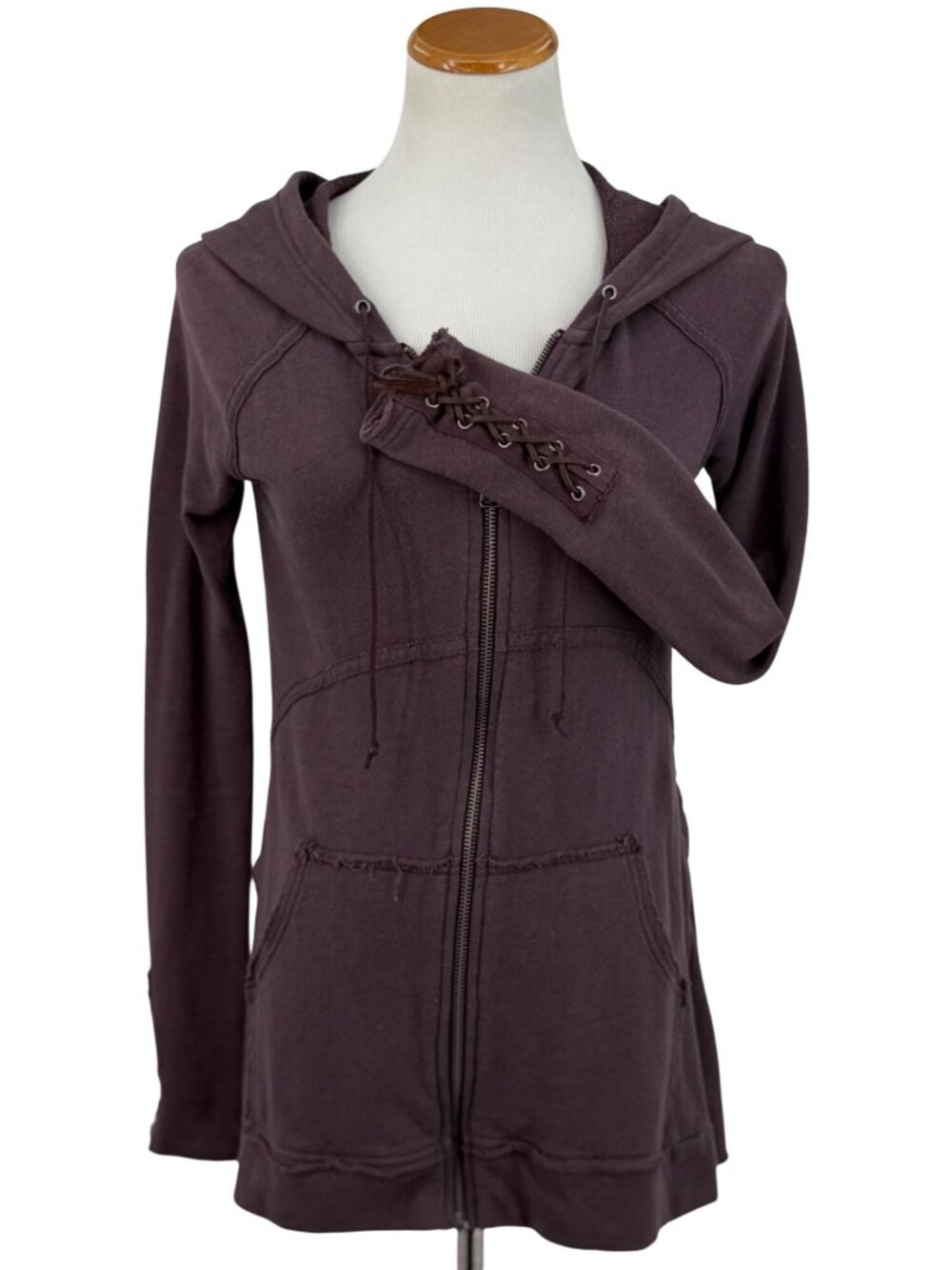 Free People Purple Lace-Up Corset Cuff & Back Zip Up Hoodie Cardigan Sweater XS